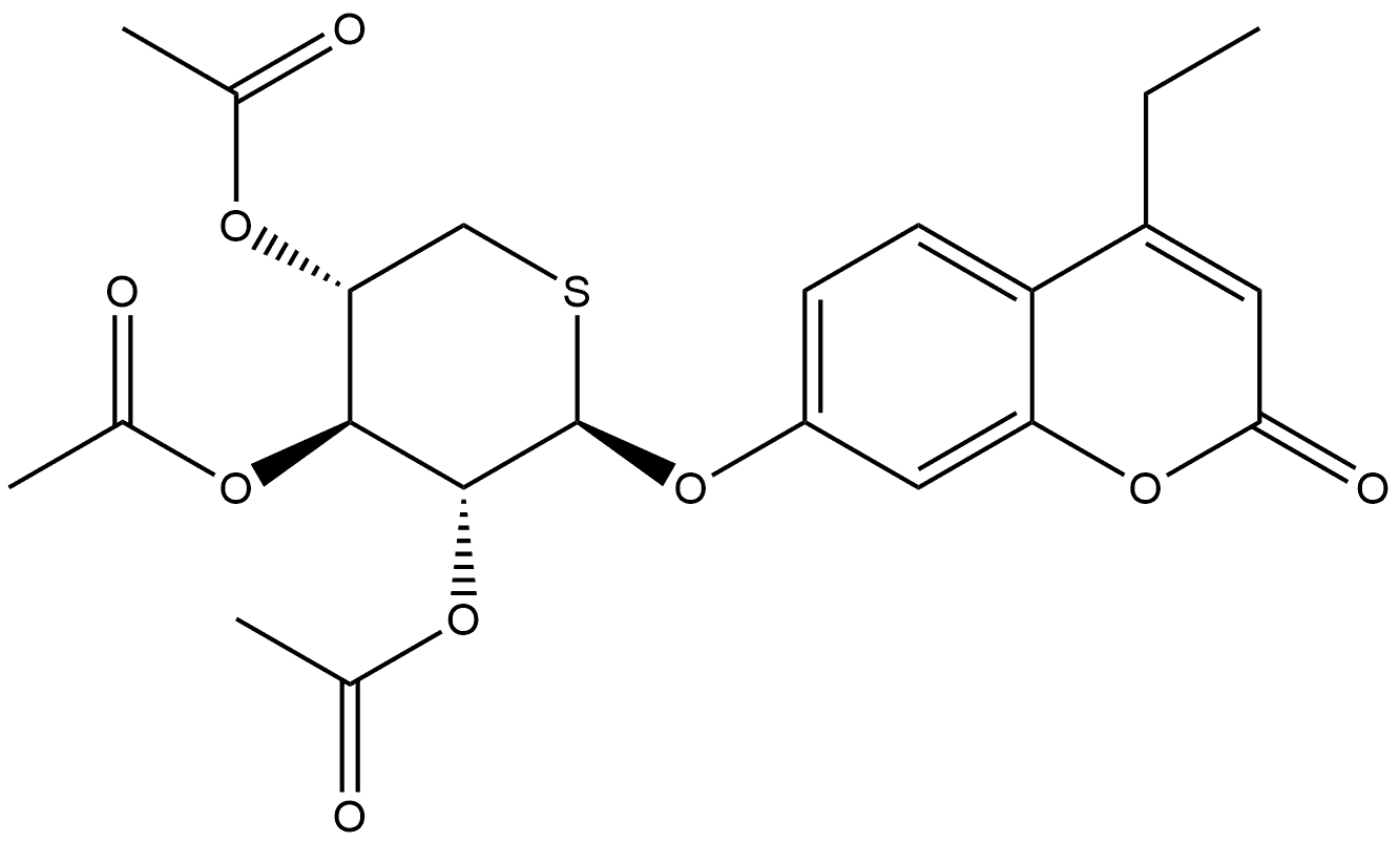 2H-1-Benzopyran-2-one, 4-ethyl-7-[(2,3,4-tri-O-acetyl-5-thio-β-D-xylopyranosyl)oxy]- 结构式