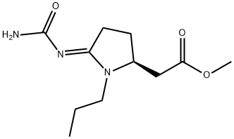 2-Pyrrolidineacetic acid, 5-[(aminocarbonyl)imino]-1-propyl-, methyl ester, (2S,5E)- 结构式