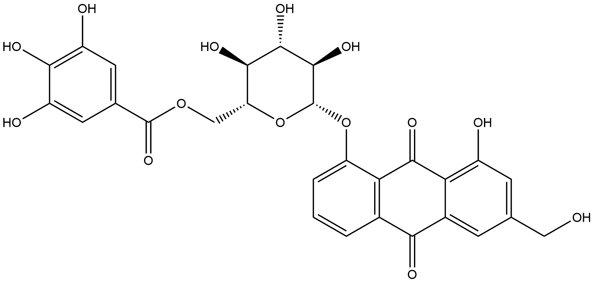 9,10-Anthracenedione, 1-hydroxy-3-(hydroxymethyl)-8-[[6-O-(3,4,5-trihydroxybenzoyl)-β-D-glucopyranosyl]oxy]- 结构式