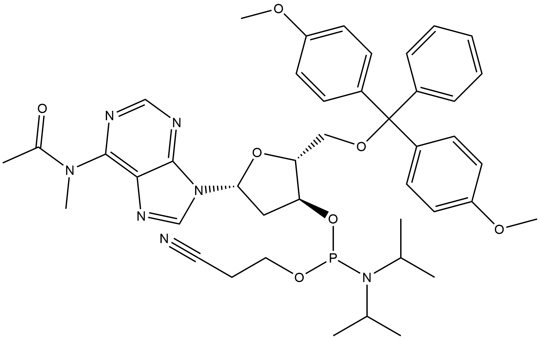 Adenosine, N-acetyl-5'-O-[bis(4-methoxyphenyl)phenylmethyl]-2'-deoxy-N-methyl-, 3'-[2-cyanoethyl N,N-bis(1-methylethyl)phosphoramidite] 结构式