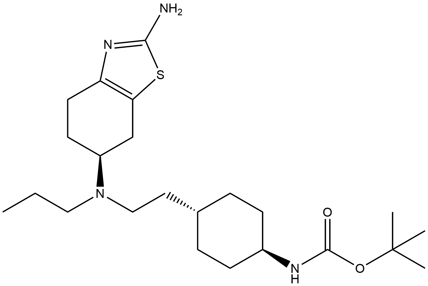 Carbamic acid, N-[trans-4-[2-[[(6S)-2-amino-4,5,6,7-tetrahydro-6-benzothiazolyl]propylamino]ethyl]cyclohexyl]-, 1,1-dimethylethyl ester 结构式