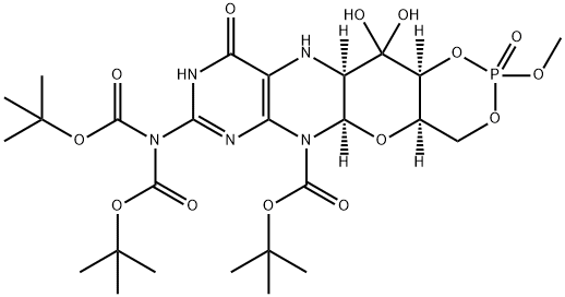 1,3,2-Dioxaphosphorino[4',5':5,6]pyrano[3,2-g]pteridine-6(5aH)-carboxylic acid, 8-[bis[(1,1-dimethylethoxy)carbonyl]amino]-4,4a,9,10,11,11a,12,12a-octahydro-12,12-dihydroxy-2-methoxy-10-oxo-, 1,1-dimethylethyl ester, 2-oxide, (4aR,5aR,11aR,12aS)- 结构式