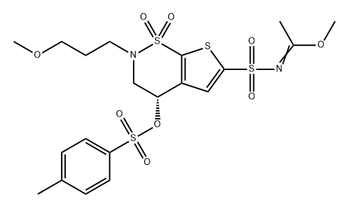 Ethanimidic acid, N-[[(4S)-3,4-dihydro-2-(3-methoxypropyl)-4-[[(4-methylphenyl)sulfonyl]oxy]-1,1-dioxido-2H-thieno[3,2-e]-1,2-thiazin-6-yl]sulfonyl]-, methyl ester 结构式