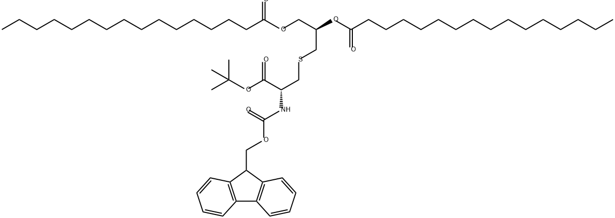 Hexadecanoic acid, 1,1'-[(1R)-1-[[[(2R)-2-[(1,1-dimethylethoxy)carbonyl]-2-[[(9H-fluoren-9-ylmethoxy)carbonyl]amino]ethyl]thio]methyl]-1,2-ethanediyl] ester 结构式