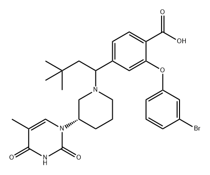 2-(3-溴苯氧基)-4-[1-[(3S)-3-(3,4-二氢-5-甲基-2,4-二氧-1(2H)-嘧啶基)-1-哌啶基]-3,3-二甲基丁基]苯甲酸 结构式