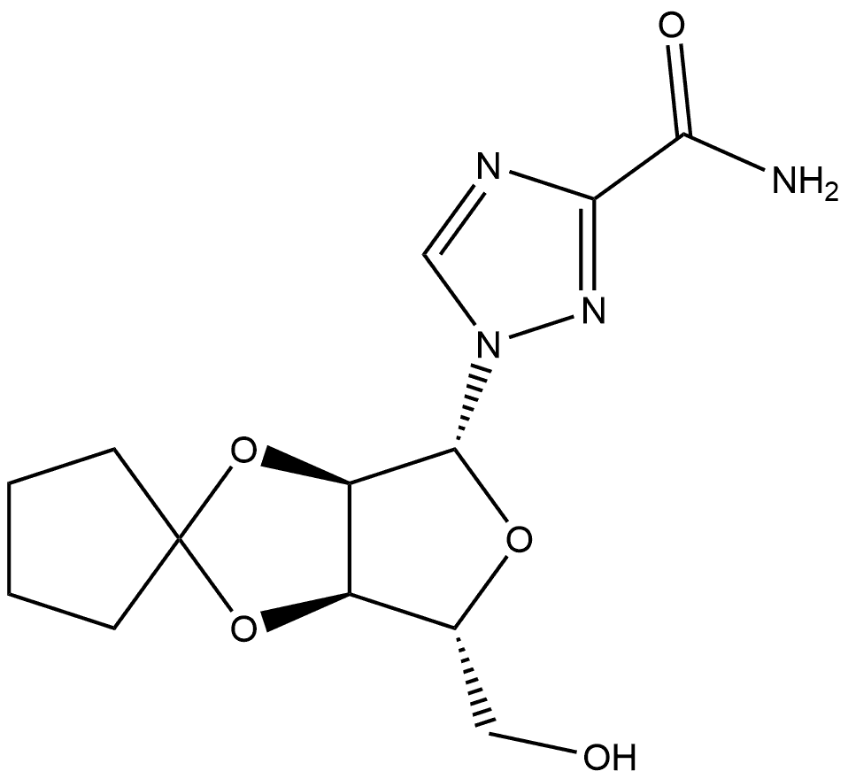 1-((3a'R,4'R,6'R,6a'R)-4'-(hydroxymethyl)tetrahydrospiro[cyclopentane-1,2'-furo[3,4-d][1,3]dioxol]-6'-yl)-1H-1,2,4-triazole-3-carboxamide 结构式