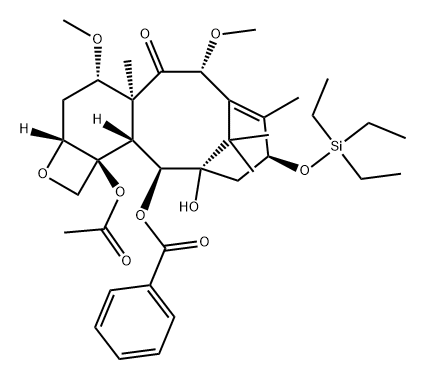 7,11-Methano-5H-cyclodeca[3,4]benz[1,2-b]oxet-5-one, 12b-(acetyloxy)-12-(benzoyloxy)-1,2a,3,4,4a,6,9,10,11,12,12a,12b-dodecahydro-11-hydroxy-4,6-dimethoxy-4a,8,13,13-tetramethyl-9-[(triethylsilyl)oxy]-, (2aR,4S,4aS,6R,9S,11S,12S,12aR,12bS)- 结构式