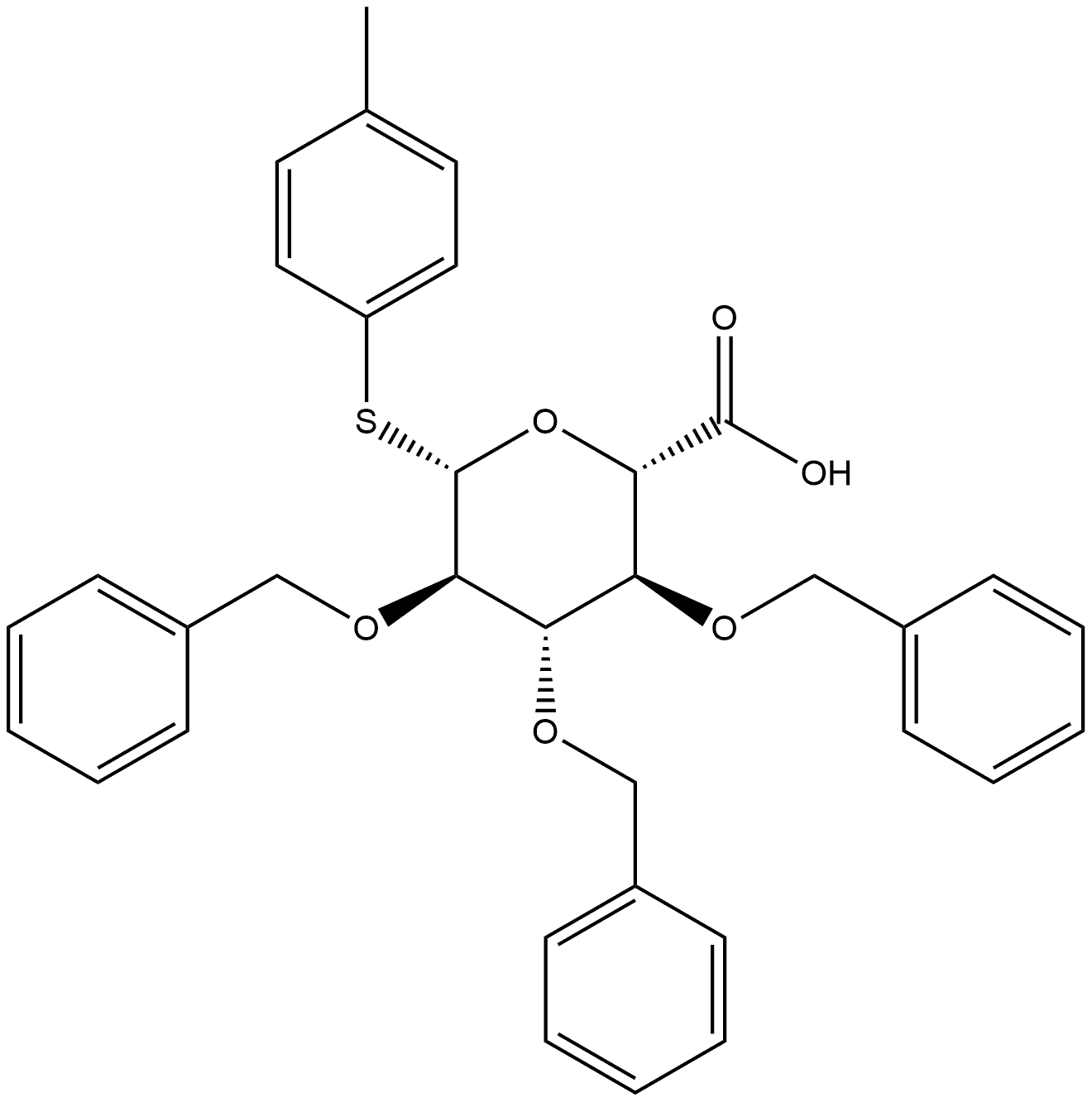 4-甲基苯基2,3,4-三-O-苄基-1-硫代-Β-D-吡喃葡萄糖醛酸 结构式