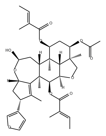 2-Butenoic acid, 2-methyl-, 1,1'-[(2R,3aS,5R,6aR,6bR,7S,9R,9aR,11aR,11bR,12S,12aR)-9-(acetyloxy)-2-(3-furanyl)-3,3a,5,6,6a,6b,7,8,9,9a,10,11a,12,12a-tetradecahydro-5-hydroxy-1,6b,9a,12a-tetramethyl-2H,5H-cyclopent[a]isobenzofuro[7,1-gh][3]benzoxepin-7,12-diyl] ester, (2E,2'E)- 结构式