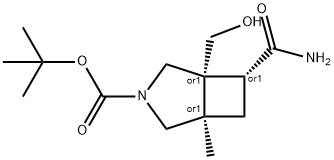 REL-((1R,5R,6R)-6-氨基甲酰基-5-(羟甲基)-1-甲基-3-氮杂双环[3.2.0]庚烷-3-羧酸叔丁酯) 结构式