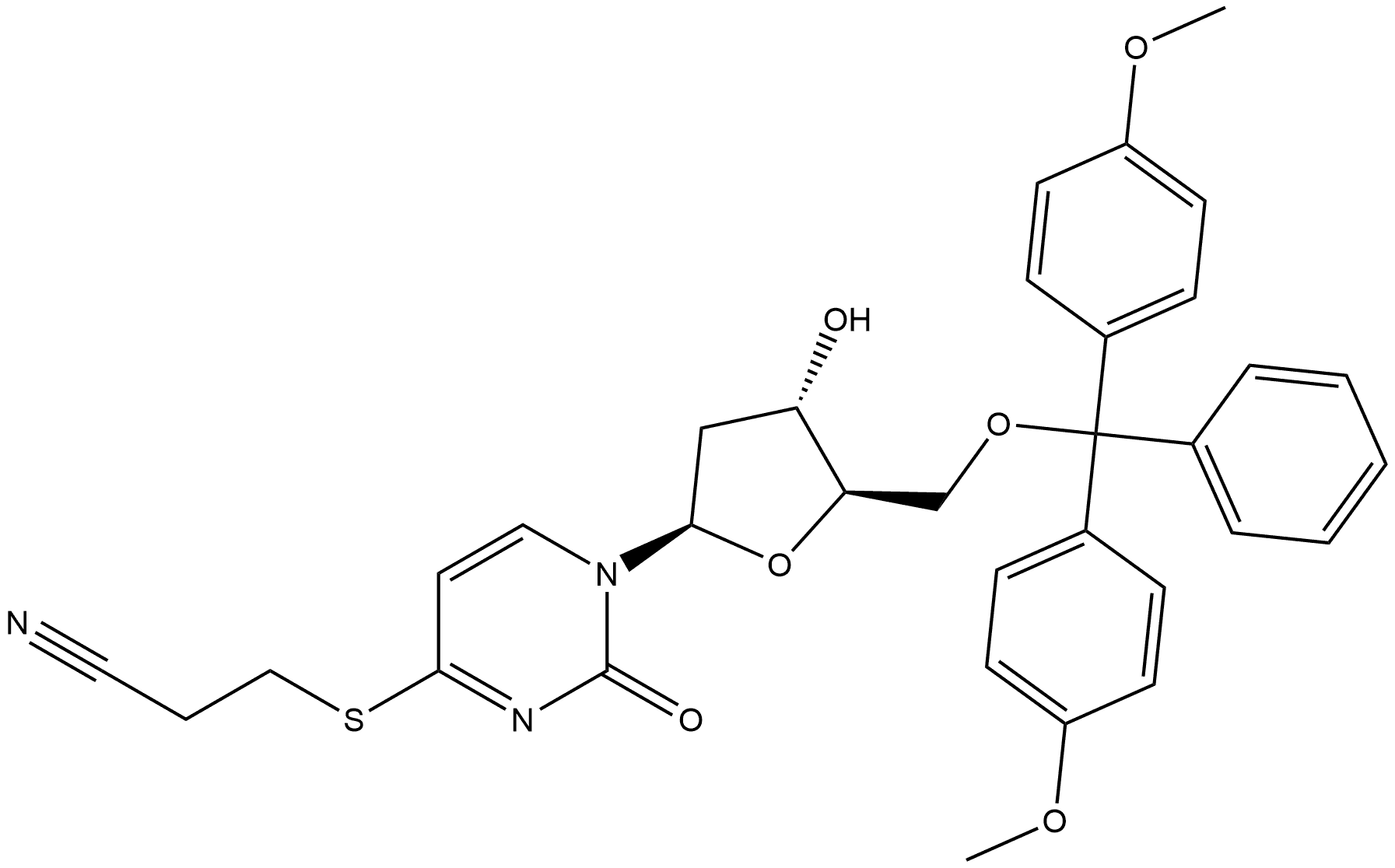 Uridine, 5'-O-[bis(4-methoxyphenyl)phenylmethyl]-4-S-(2-cyanoethyl)-2'-deoxy-4-thio- 结构式