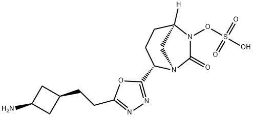 (1R,2S,5R)-2-[5-[2-(cis-3-Aminocyclobutyl)ethyl]-1,3,4-oxadiazol-2-yl]-7-oxo-1,6-diazabicyclo[3.2.1]oct-6-yl hydrogen sulfate 结构式