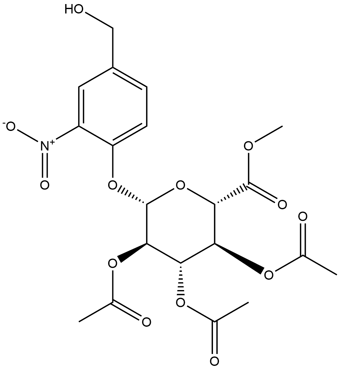 (2S,3R,4S,5S,6S)-2-(4-(羟甲基)-2-硝基苯氧基)-6-(甲氧羰基)四氢-2H-吡喃-3,4,5-三乙酸三酯 结构式