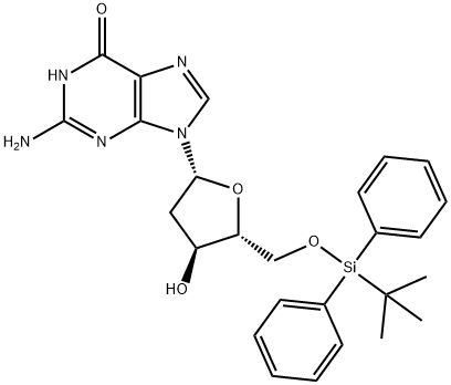 2-Amino-9-((2R,4S,5R)-5-(((tert-butyldiphenylsilyl)oxy)methyl)-4-hydroxytetrahydrofuran-2-yl)-1H-purin-6(9H)-one 结构式