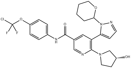 3-Pyridinecarboxamide, N-[4-(chlorodifluoromethoxy)phenyl]-6-[(3R)-3-hydroxy-1-pyrrolidinyl]-5-[1-(tetrahydro-2H-pyran-2-yl)-1H-pyrazol-5-yl]- 结构式