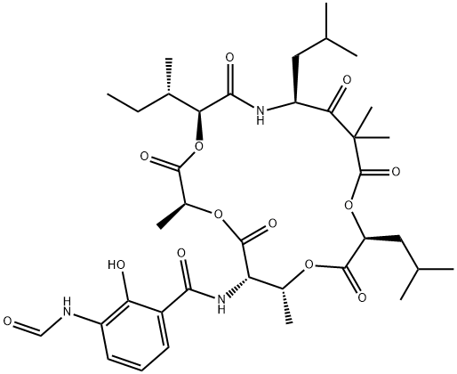 Benzamide, 3-(formylamino)-2-hydroxy-N-[(2S,5S,8S,13S,16R,17S)-2,10,10,16-tetramethyl-5-[(1S)-1-methylpropyl]-8,13-bis(2-methylpropyl)-3,6,9,11,14,18-hexaoxo-1,4,12,15-tetraoxa-7-azacyclooctadec-17-yl]- 结构式