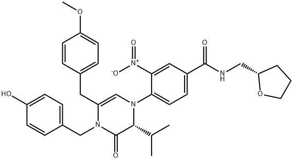 4-[(2R)-3,4-Dihydro-4-[(4-hydroxyphenyl)methyl]-5-[(4-methoxyphenyl)methyl]-2-(1-methylethyl)-3-oxo-1(2H)-pyrazinyl]-3-nitro-N-[[(2S)-tetrahydro-2-furanyl]methyl]benzamide 结构式