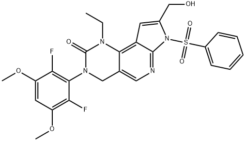 2H-Pyrrolo[3',2':5,6]pyrido[4,3-d]pyrimidin-2-one, 3-(2,6-difluoro-3,5-dimethoxyphenyl)-1-ethyl-1,3,4,7-tetrahydro-8-(hydroxymethyl)-7-(phenylsulfonyl)- 结构式