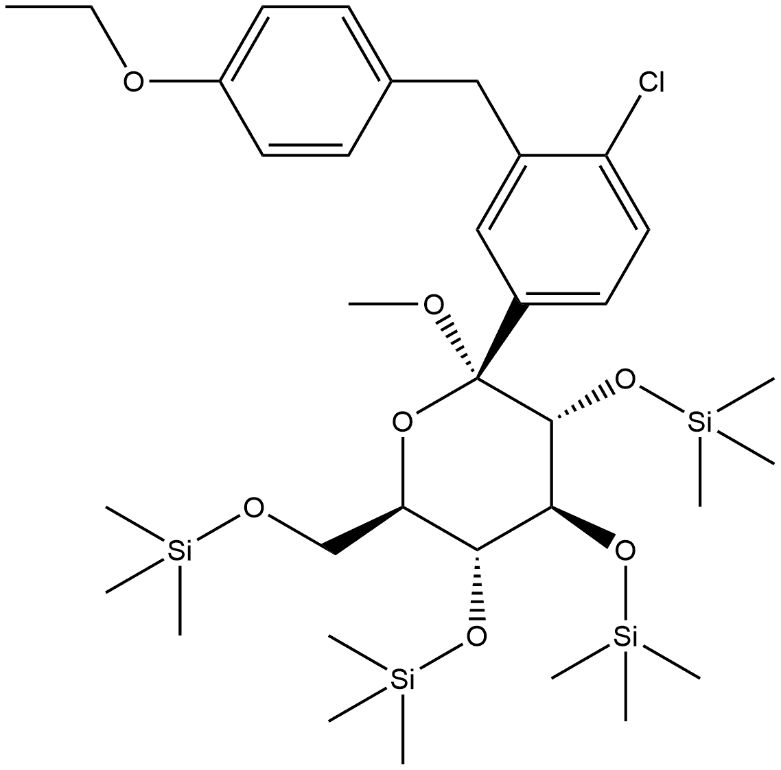 α-D-Glucopyranoside, methyl 1-C-[4-chloro-3-[(4-ethoxyphenyl)methyl]phenyl]-2,3,4,6-tetrakis-O-(trimethylsilyl)- 结构式