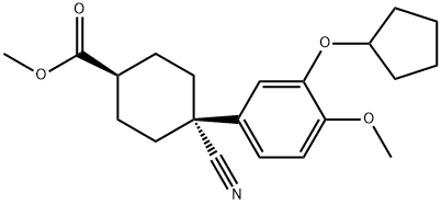 Cyclohexanecarboxylic acid, 4-cyano-4-[3-(cyclopentyloxy)-4-methoxyphenyl]-, methyl ester, cis- 结构式