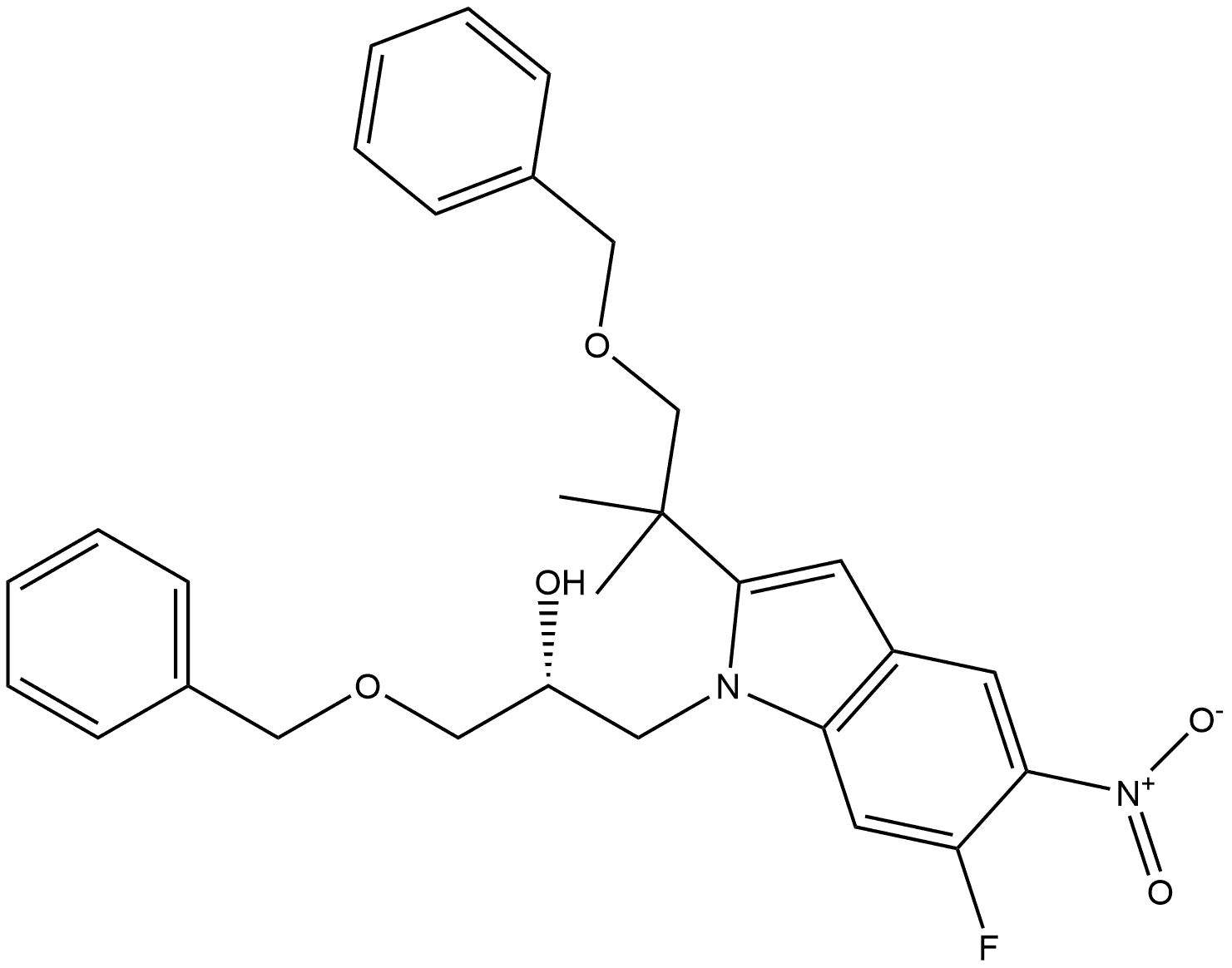 1H-Indole-1-ethanol, 2-[1,1-dimethyl-2-(phenylmethoxy)ethyl]-6-fluoro-5-nitro-α-[(phenylmethoxy)methyl]-, (αR)- 结构式