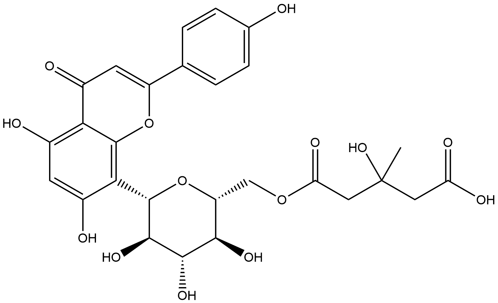 6″-O-(3′′′-羟基-3′′′-甲基戊二酰)?牡荆苷 结构式