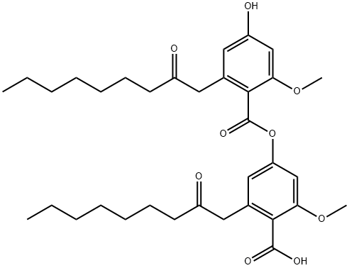Benzoic acid, 4-hydroxy-2-methoxy-6-(2-oxononyl)-, 4-carboxy-3-methoxy-5-(2-oxononyl)phenyl ester 结构式