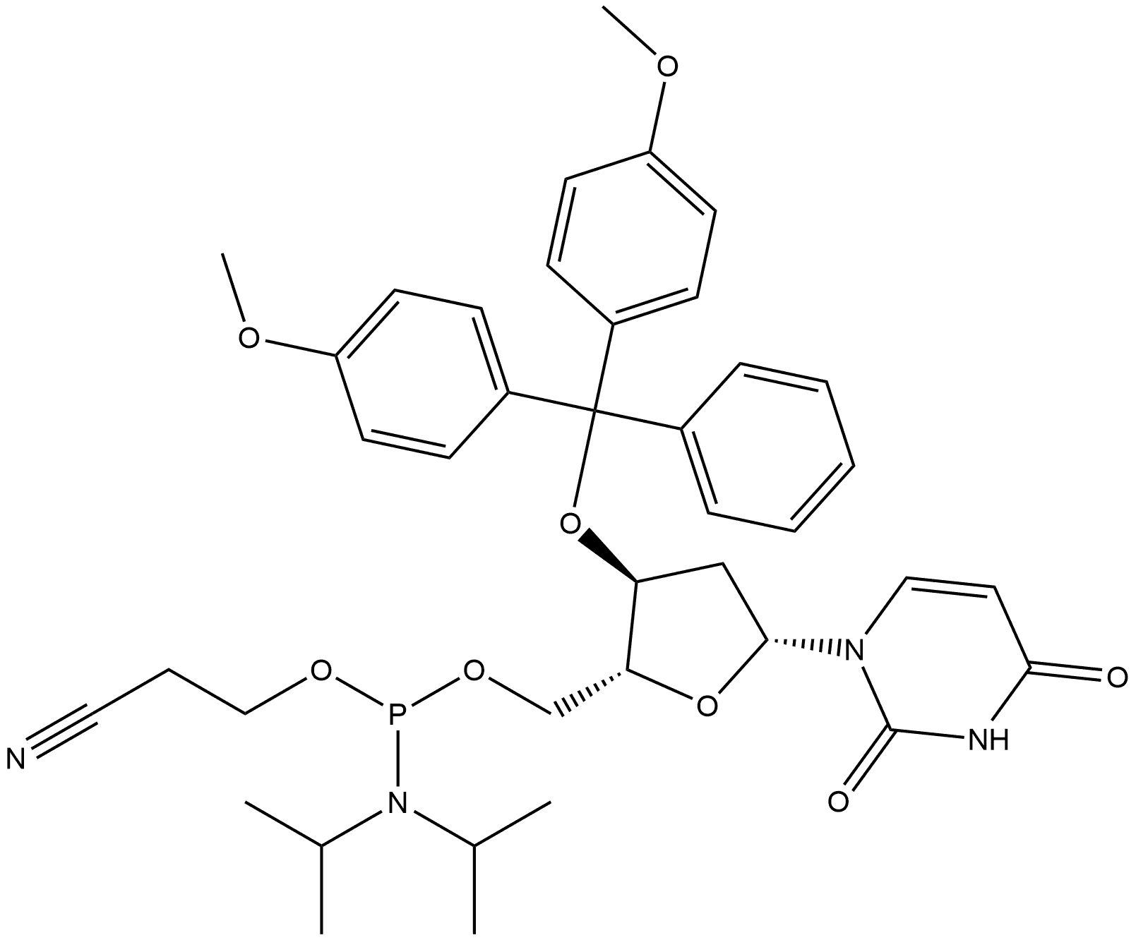 Uridine, 3'-O-[bis(4-methoxyphenyl)phenylmethyl]-2'-deoxy-, 5'-[2-cyanoethyl bis(1-methylethyl)phosphoramidite] (9CI) 结构式