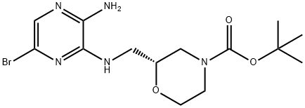 4-Morpholinecarboxylic acid, 2-[[(3-amino-6-bromo-2-pyrazinyl)amino]methyl]-, 1,1-dimethylethyl ester, (2R)- 结构式