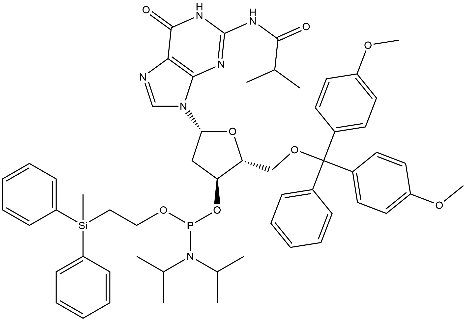 Guanosine, 5′-O-[bis(4-methoxyphenyl)phenylmethyl]-2′-deoxy-N-(2-methyl-1-oxopropyl)-, 3′-[2-(methyldiphenylsilyl)ethyl bis(1-methylethyl)phosphoramidite] 结构式