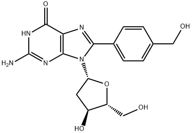 2-Amino-9-((2R,4S,5R)-4-hydroxy-5-(hydroxymethyl)tetrahydrofuran-2-yl)-8-(4-(hydroxymethyl)phenyl)-1H-purin-6(9H)-one 结构式