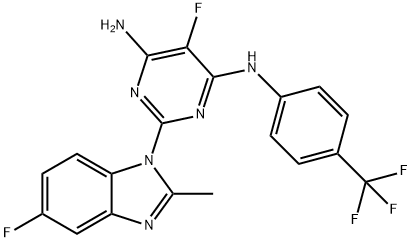 4,6-Pyrimidinediamine, 5-fluoro-2-(5-fluoro-2-methyl-1H-benzimidazol-1-yl)-N4-[4-(trifluoromethyl)phenyl]- 结构式