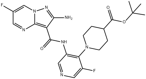 4-Piperidinecarboxylic acid, 1-[3-[[(2-amino-6-fluoropyrazolo[1,5-a]pyrimidin-3-yl)carbonyl]amino]-5-fluoro-4-pyridinyl]-, 1,1-dimethylethyl ester 结构式