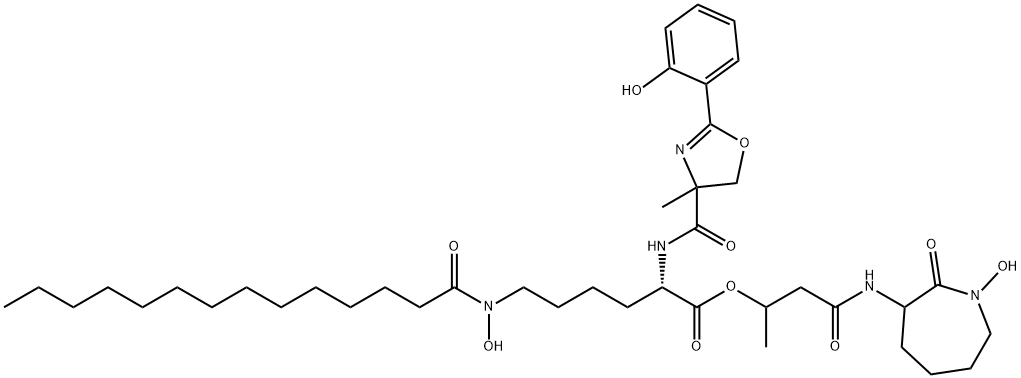 Lysine, N2-[[4,5-dihydro-2-(2-hydroxyphenyl)-4-methyl-4-oxazolyl]carbonyl]-N6-hydroxy-N6-(1-oxotetradecyl)-, 3-[(hexahydro-1-hydroxy-2-oxo-1H-azepin-3-yl)amino]-1-methyl-3-oxopropyl ester 结构式