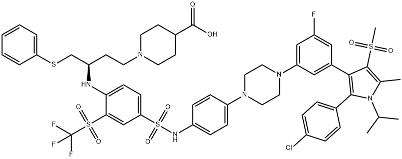 4-Piperidinecarboxylic acid, 1-[(3R)-3-[[4-[[[4-[4-[3-[2-(4-chlorophenyl)-5-methyl-1-(1-methylethyl)-4-(methylsulfonyl)-1H-pyrrol-3-yl]-5-fluorophenyl]-1-piperazinyl]phenyl]amino]sulfonyl]-2-[(trifluoromethyl)sulfonyl]phenyl]amino]-4-(phenylthio)butyl]- 结构式