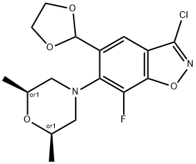 1,2-Benzisoxazole, 3-chloro-6-[(2R,6S)-2,6-dimethyl-4-morpholinyl]-5-(1,3-dioxolan-2-yl)-7-fluoro-, rel- 结构式