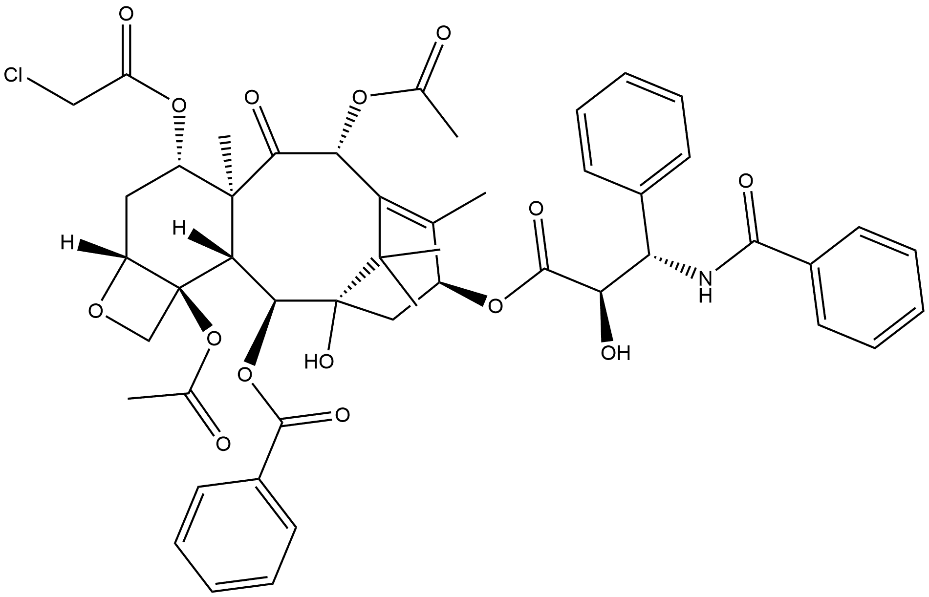 Benzenepropanoic acid, β-(benzoylamino)-α-hydroxy-, (2aR,4S,4aS,6R,9S,11S,12S,12aR,12bS)-6,12b-bis(acetyloxy)-12-(benzoyloxy)-4-[(chloroacetyl)oxy]-2a,3,4,4a,5,6,9,10,11,12,12a,12b-dodecahydro-11-hydroxy-4a,8,13,13-tetramethyl-5-oxo-7,11-methano-1H-cyclodeca[3,4]benz[1,2-b]oxet-9-yl ester, (αR,βS)- 结构式