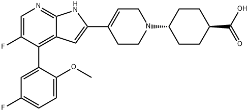 Cyclohexanecarboxylic acid, 4-[4-[5-fluoro-4-(5-fluoro-2-methoxyphenyl)-1H-pyrrolo[2,3-b]pyridin-2-yl]-3,6-dihydro-1(2H)-pyridinyl]-, trans- 结构式