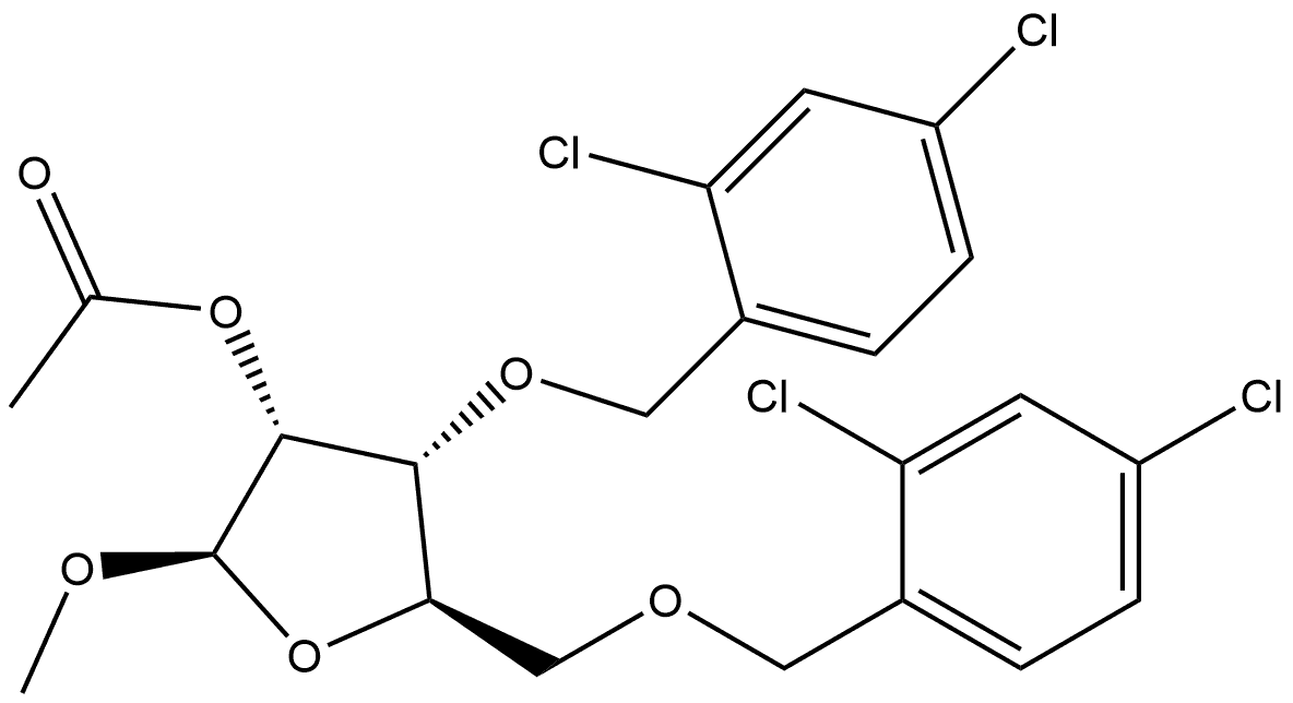 β-D-Ribofuranoside, methyl 3,5-bis-O-[(2,4-dichlorophenyl)methyl]-, acetate (9CI) 结构式
