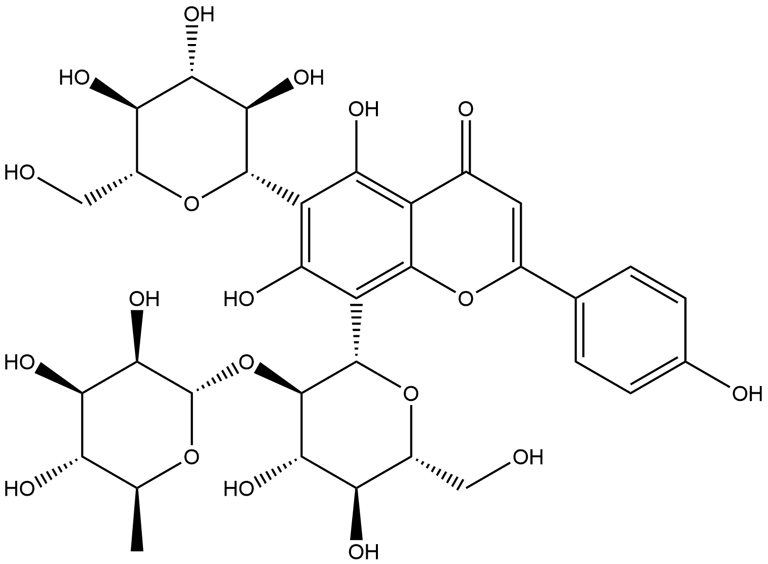 芹菜素-6-C-BETA-葡萄糖-8-C-[ALPHA-L-鼠李糖-(1->2)]-BETA-葡萄糖苷 结构式