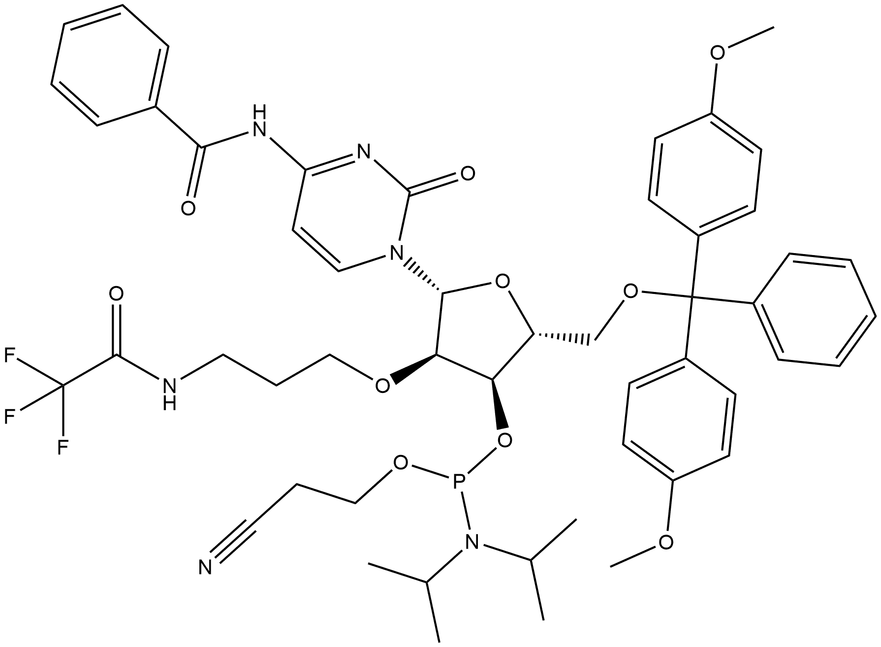 Cytidine, N-benzoyl-5'-O-[bis(4-methoxyphenyl)phenylmethyl]-2'-O-[3-[(trifluoroacetyl)amino]propyl]-, 3'-[2-cyanoethyl bis(1-methylethyl)phosphoramidite] (9CI) 结构式