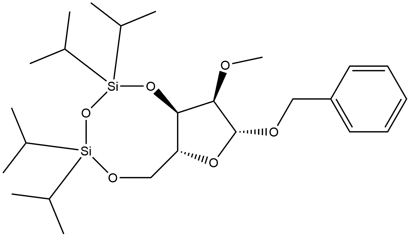 β-D-Ribofuranoside, phenylmethyl 2-O-methyl-3,5-O-[1,1,3,3-tetrakis(1-methylethyl)-1,3-disiloxanediyl]- (9CI) 结构式