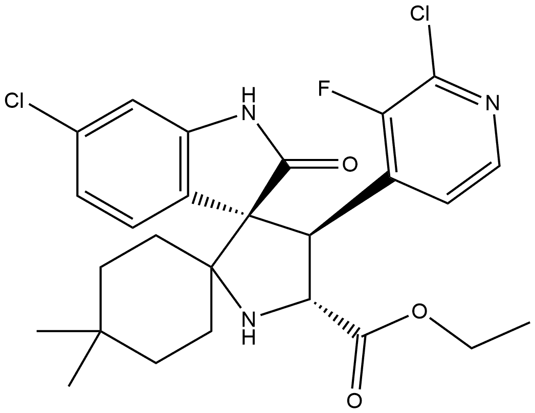 乙基(3'R,4'S,5'R)-6''-氯-4'-(2-氯-3-氟吡啶-4-基)-4,4-二甲基-2''-氧代二螺[环己烷- 1,2'-吡咯烷-3',3''-二氢吲哚]-5'-羧酸酯 结构式
