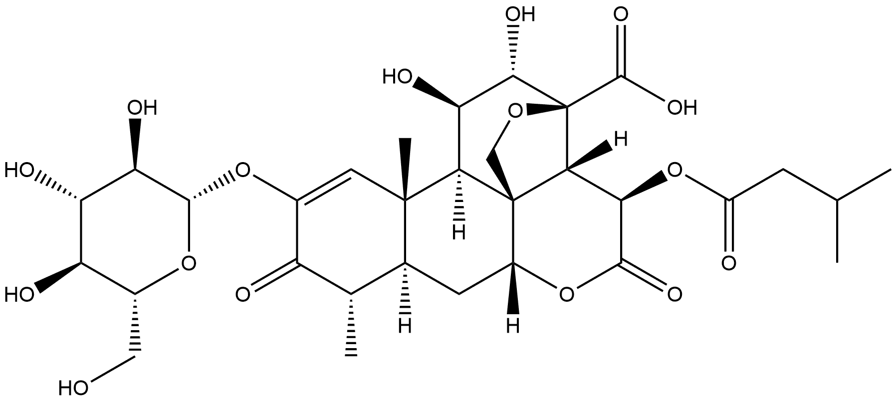 Picras-1-en-21-oic acid, 13,20-epoxy-2-(β-D-glucopyranosyloxy)-11,12-dihydroxy-15-(3-methyl-1-oxobutoxy)-3,16-dioxo-, (11β,12α,15β)- 结构式