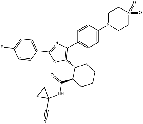 Cyclohexanecarboxamide, N-(1-cyanocyclopropyl)-2-[4-[4-(1,1-dioxido-4-thiomorpholinyl)phenyl]-2-(4-fluorophenyl)-5-oxazolyl]-, (1R,2R)- 结构式