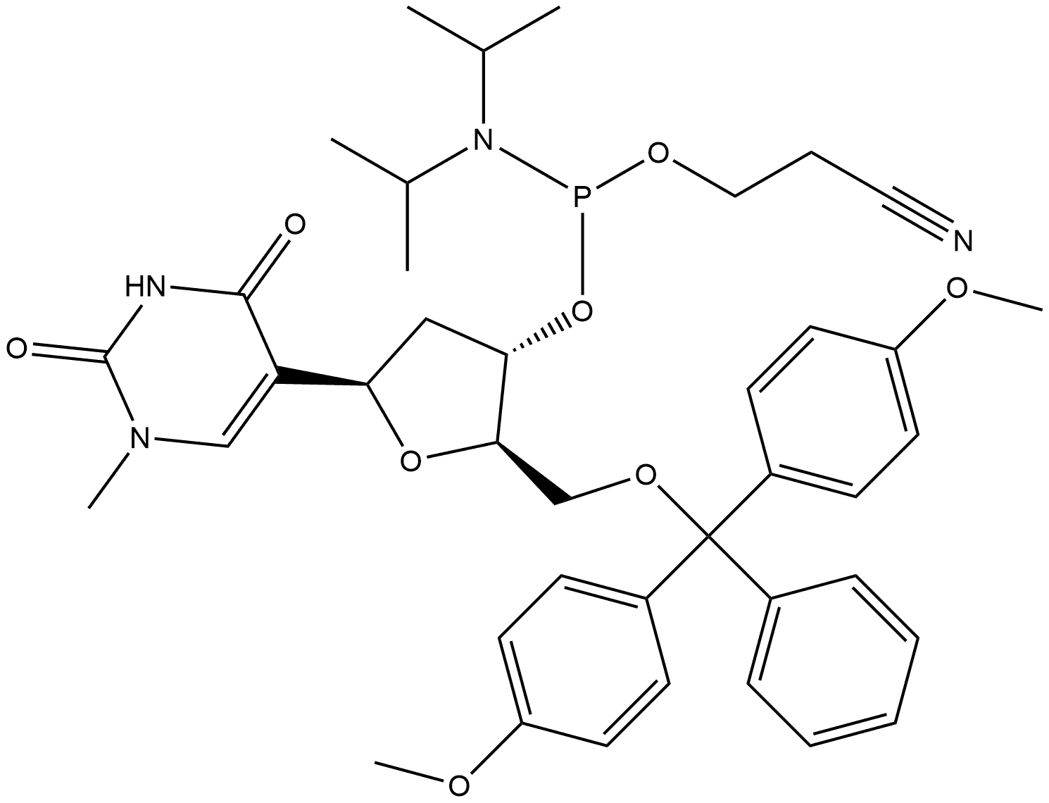 2,4(1H,3H)-Pyrimidinedione, 5-[5-O-[bis(4-methoxyphenyl)phenylmethyl]-3-O-[[bis(1-methylethyl)amino](2-cyanoethoxy)phosphino]-2-deoxy-β-D-erythro-pentofuranosyl]-1-methyl- 结构式