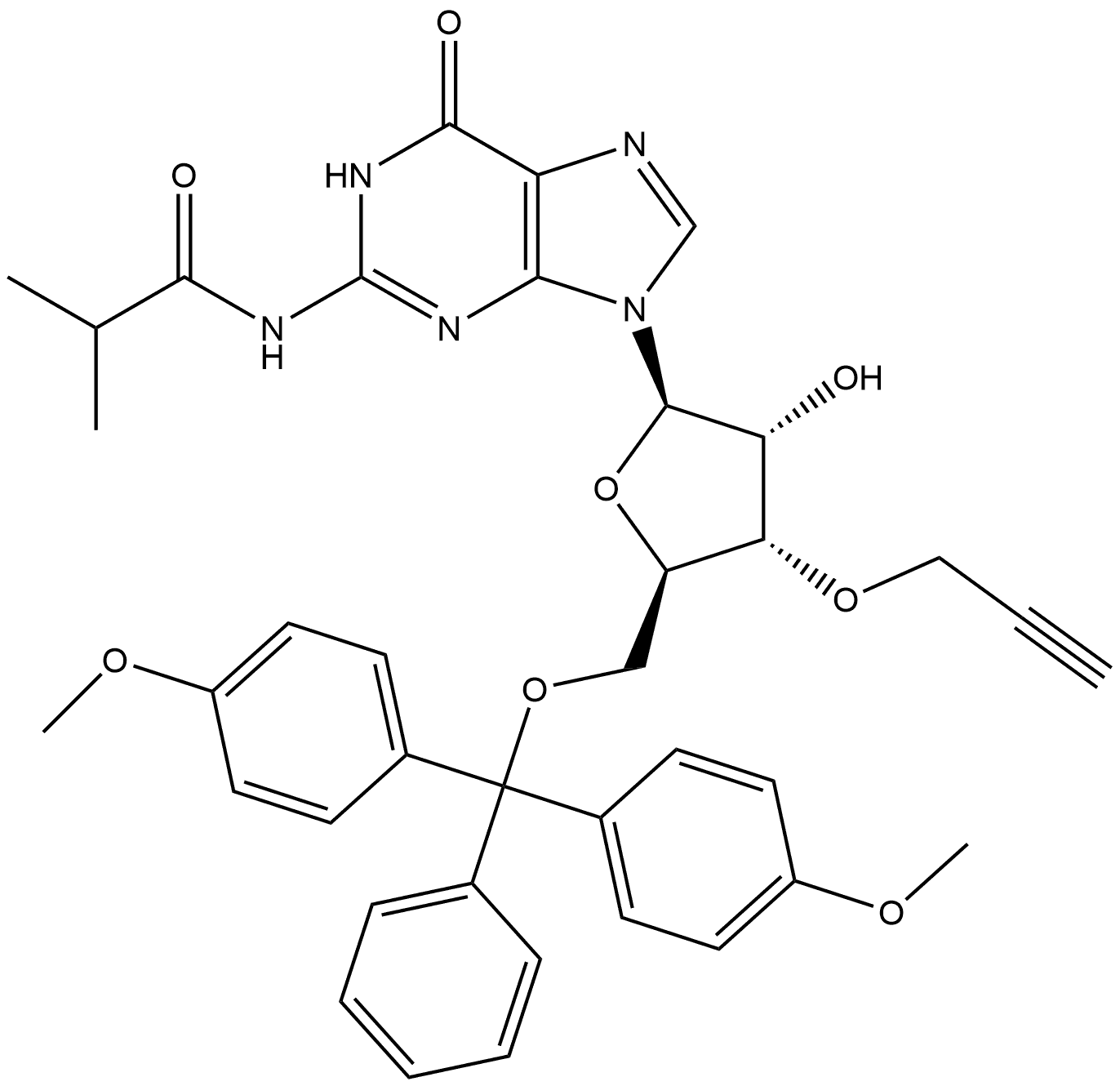 Guanosine, 5'-O-[bis(4-methoxyphenyl)phenylmethyl]-N-(2-methyl-1-oxopropyl)-3'-O-2-propyn-1-yl- 结构式