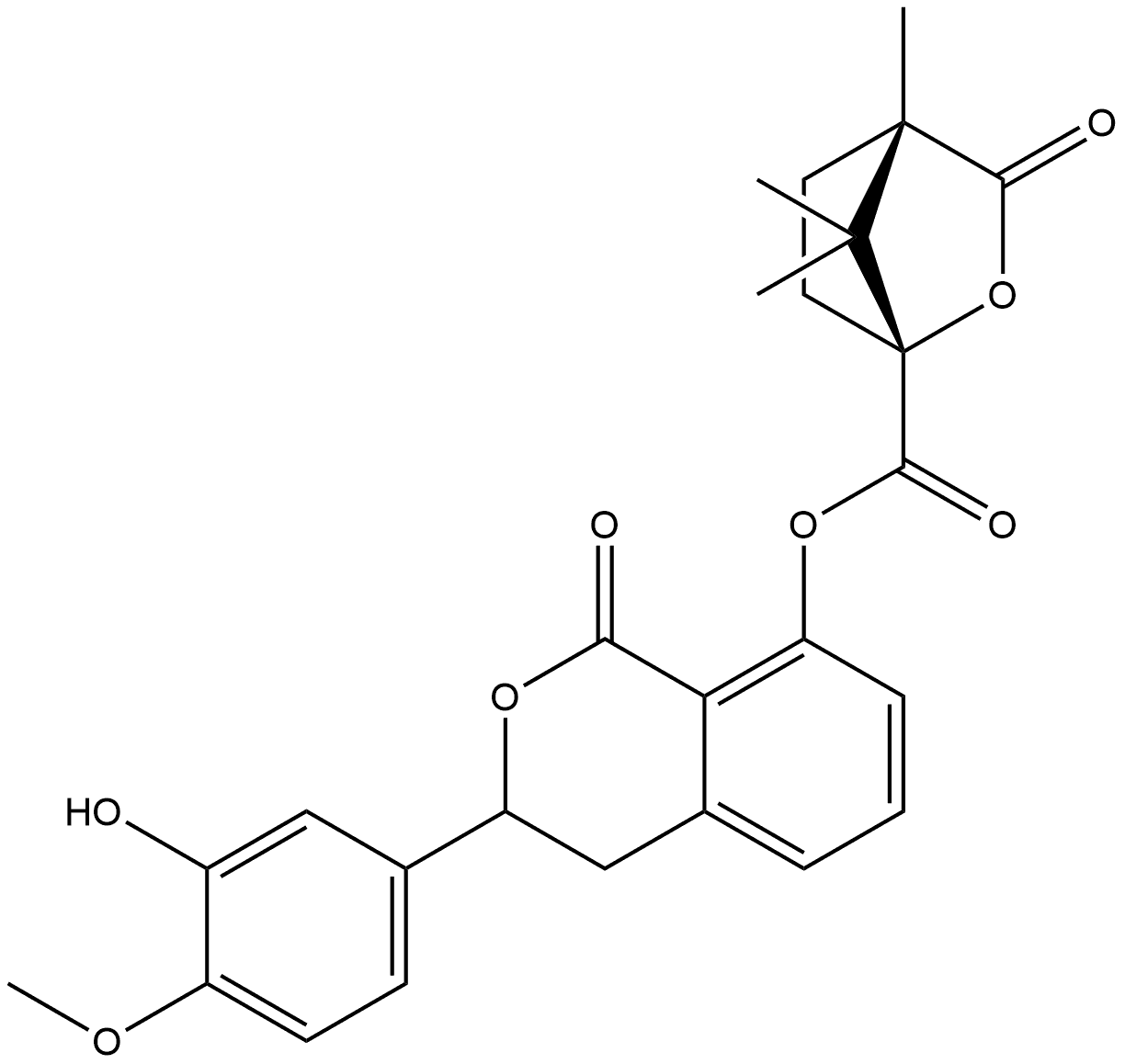 2-Oxabicyclo[2.2.1]heptane-1-carboxylic acid, 4,7,7-trimethyl-3-oxo-, 3,4-dihydro-3-(3-hydroxy-4-methoxyphenyl)-1-oxo-1H-2-benzopyran-8-yl ester, [1R-[1α(R*),4β]]- (9CI) 结构式