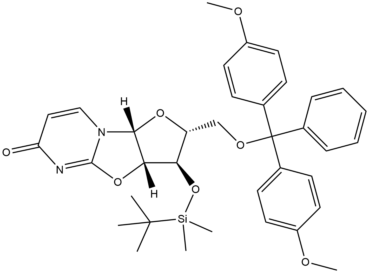 6H-Furo[2',3':4,5]oxazolo[3,2-a]pyrimidin-6-one, 2-[[bis(4-methoxyphenyl)phenylmethoxy]methyl]-3-[[(1,1-dimethylethyl)dimethylsilyl]oxy]-2,3,3a,9a-tetrahydro-, (2R,3R,3aS,9aR)- (9CI) 结构式