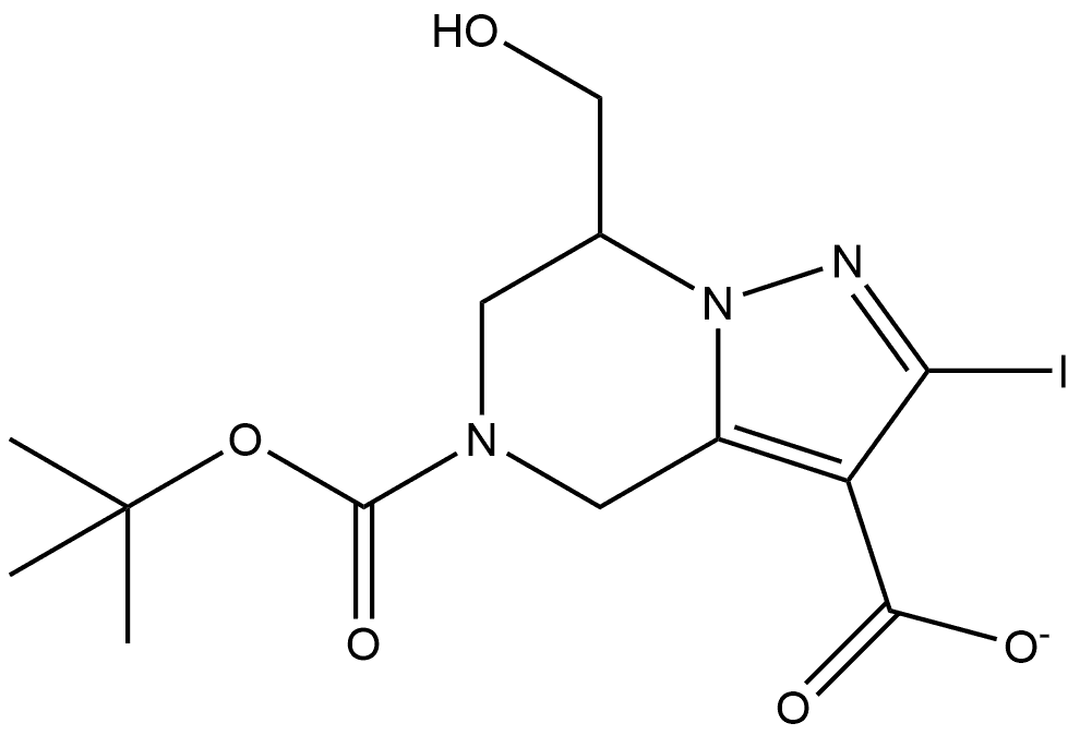 5-[(tert-butoxy)carbonyl]-7-(hydroxymethyl)-2-iodo-4H,5H,6H,7H-pyrazolo[1,5-a]pyrazine-3-carboxylic acid 结构式